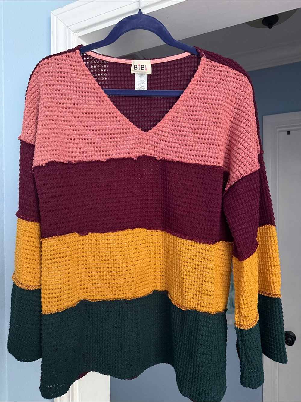 BiBi Striped Waffle V-Neck Sweater in Pink, Burgundy, Mustard & Forest Green